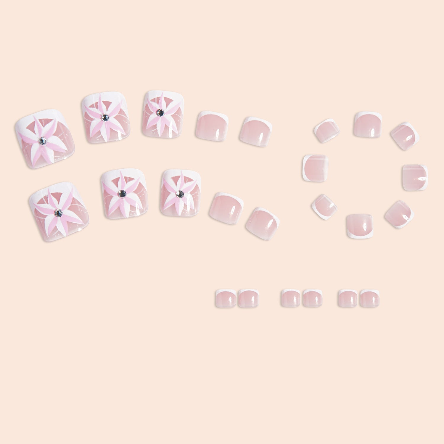 24pcs/Set Pink Flowers with White French Press On Toe Nails