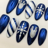 (Handmade) 10pcs/Set Handpainted Glitter Reindeer Snowflake Press On Nails