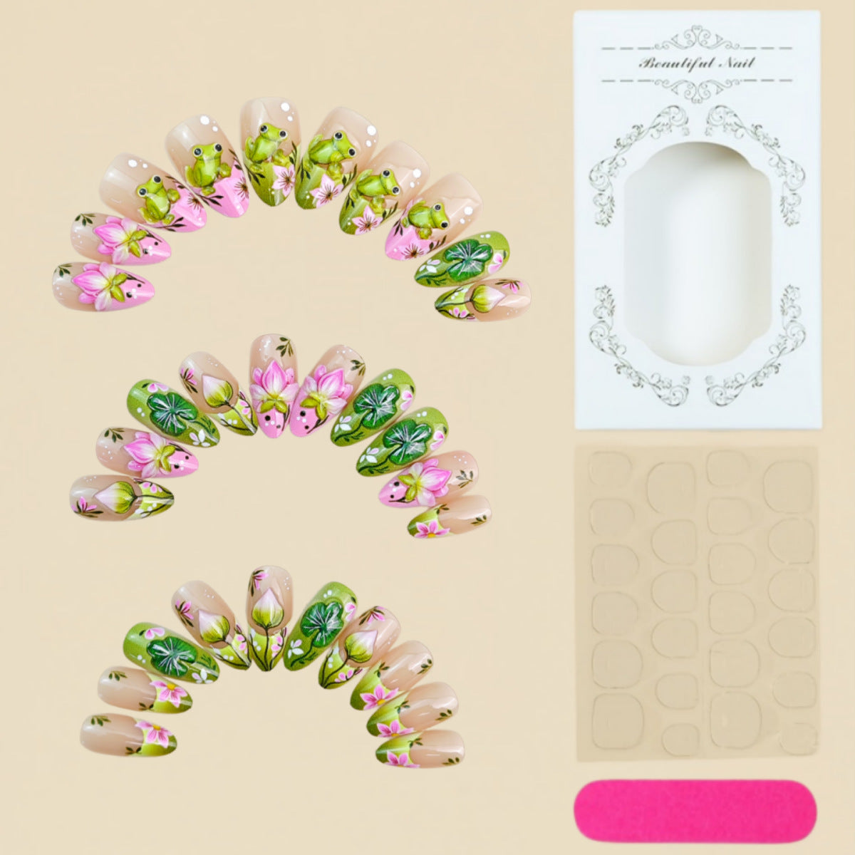 30pcs/Set Gold Foil Frog & Lotus Flower Press-On Nails