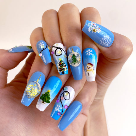 (Handmade) 10pcs/Set Blue & White Gradient 3D Crystal Ball Fairy Light Christmas Press-On Nails