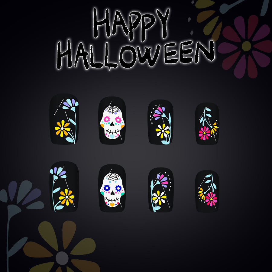 24pcs/Set Halloween Skull Ghost Face Flowers Press-On Nails