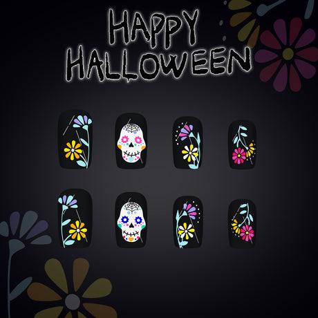 24pcs/Set Halloween Skull Ghost Face Flowers Press-On Nails