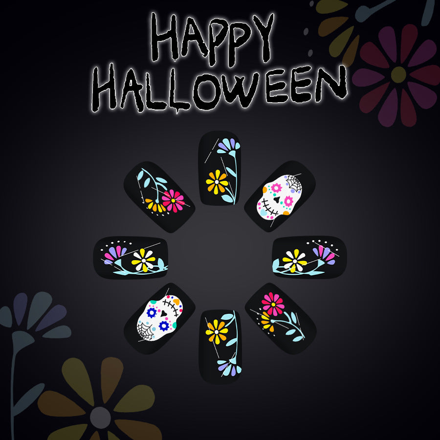 24pcs/Set Halloween Skull Ghost Face Flowers Press-On Nails