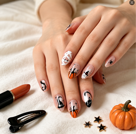 30pcs/Set Ghost & Pumpkin Cat Eye Press On Nails