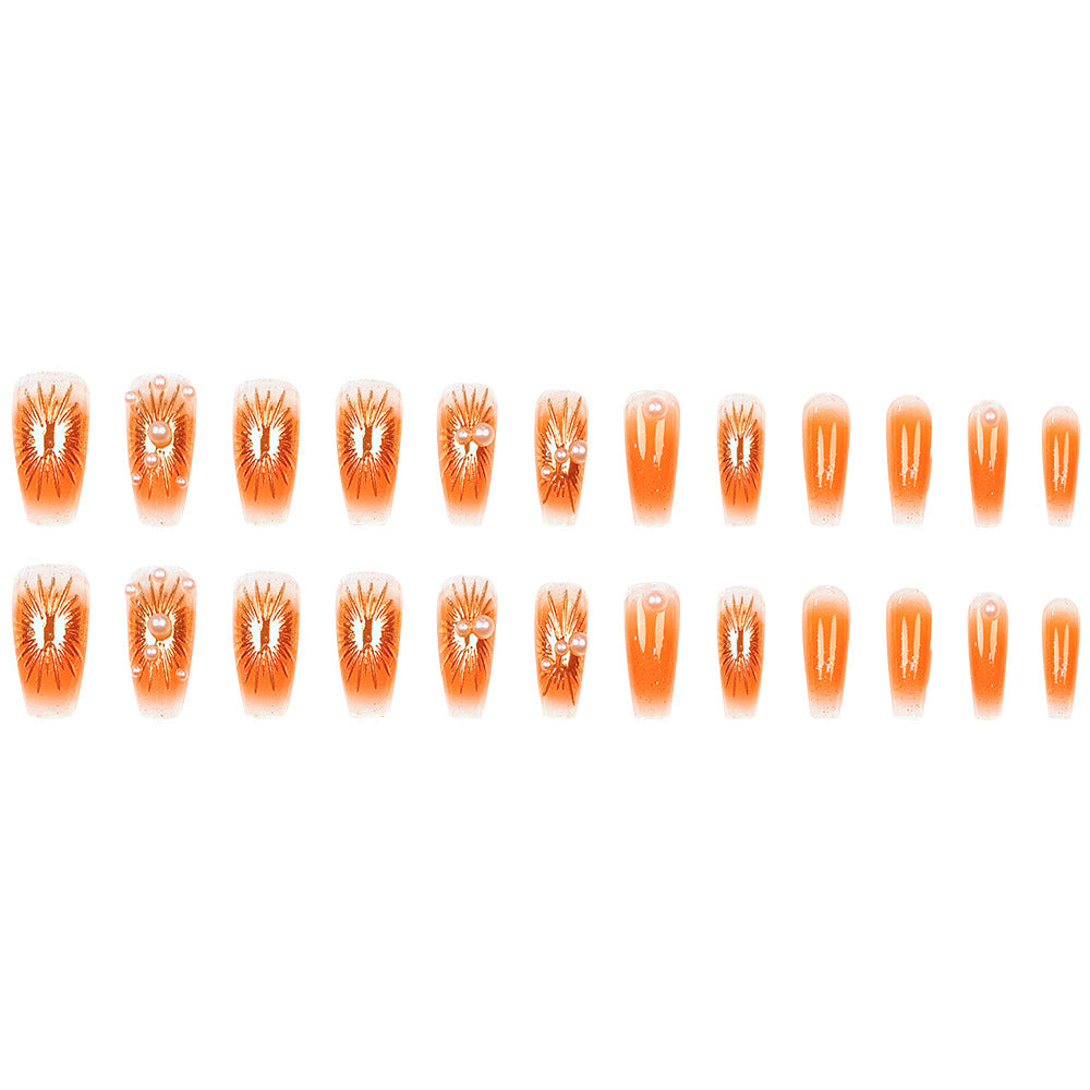 24pcs/Set 3D Gilded Pearl Orange-Gold Fireworks Press-On Nails