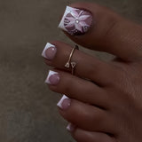 24pcs/Set Pink Flowers with White French Press On Toe Nails