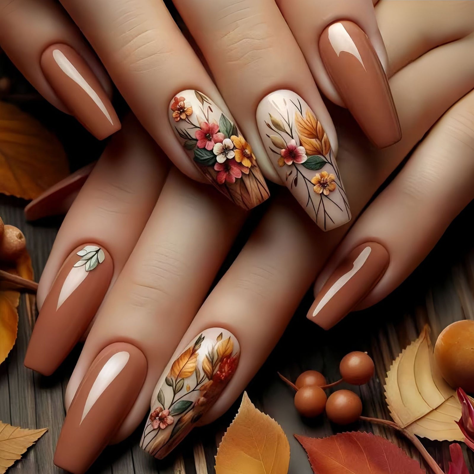 24pcs/Set Warm Terracotta Velvet Florals Press-On Nails