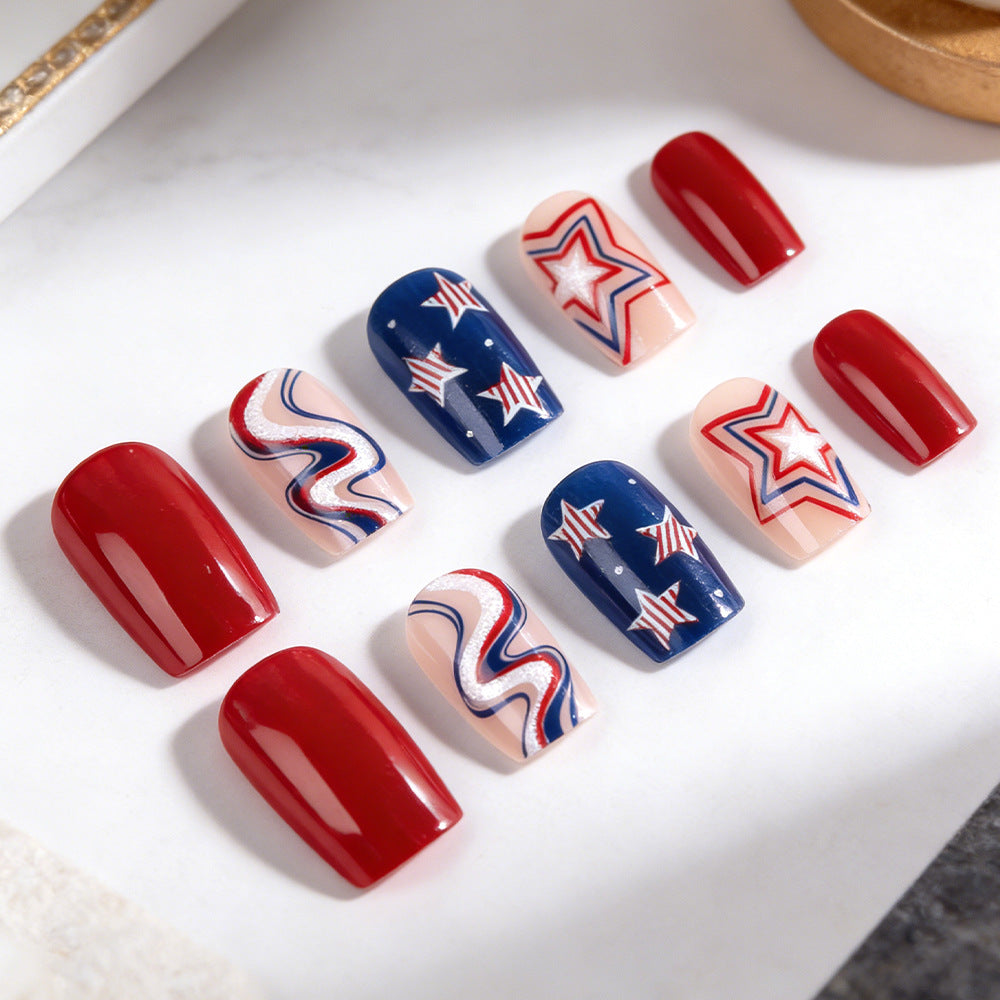 24pcs/Set Red, Blue & White Star Lines Press-On Nails