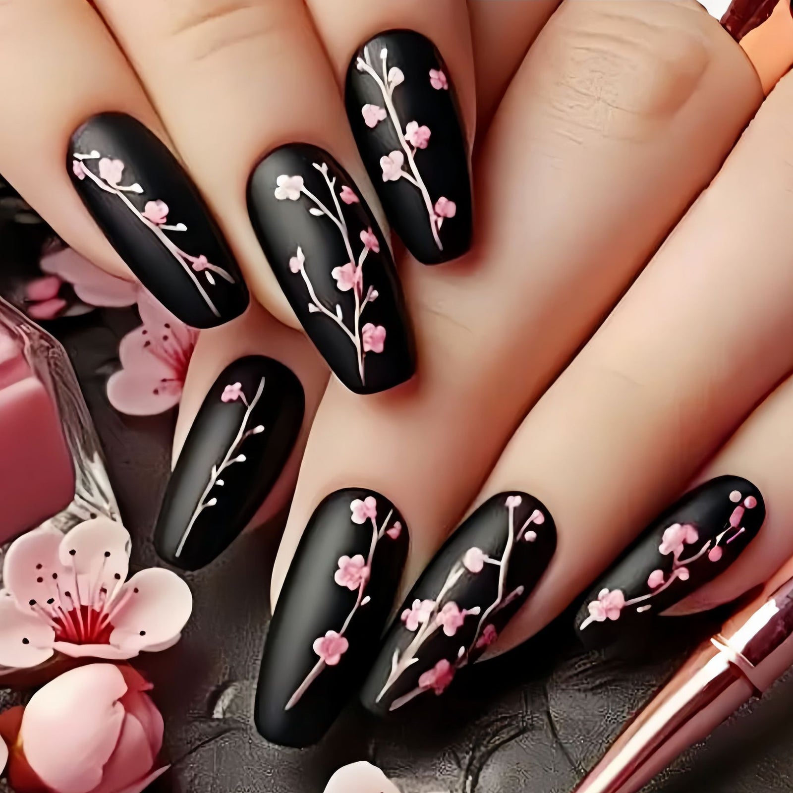24pcs/Set Pink Flowers on Black Background Press-On Nails