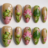 30pcs/Set Gold Foil Frog & Lotus Flower Press-On Nails