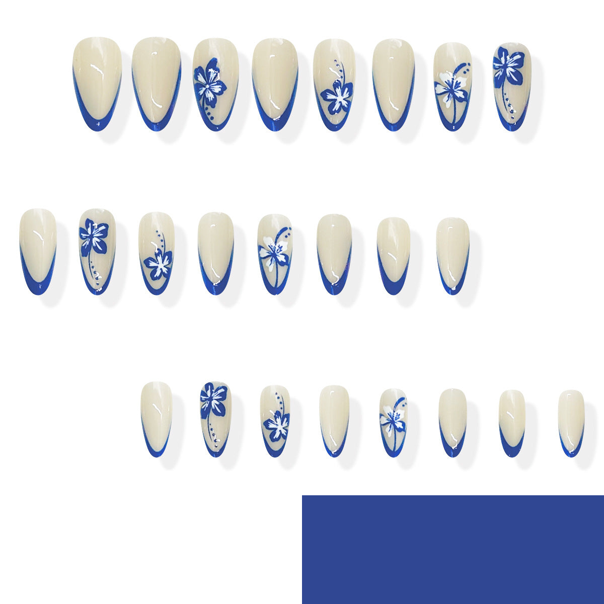 24pcs/Set Blue Floral French Tip Press-On Nails