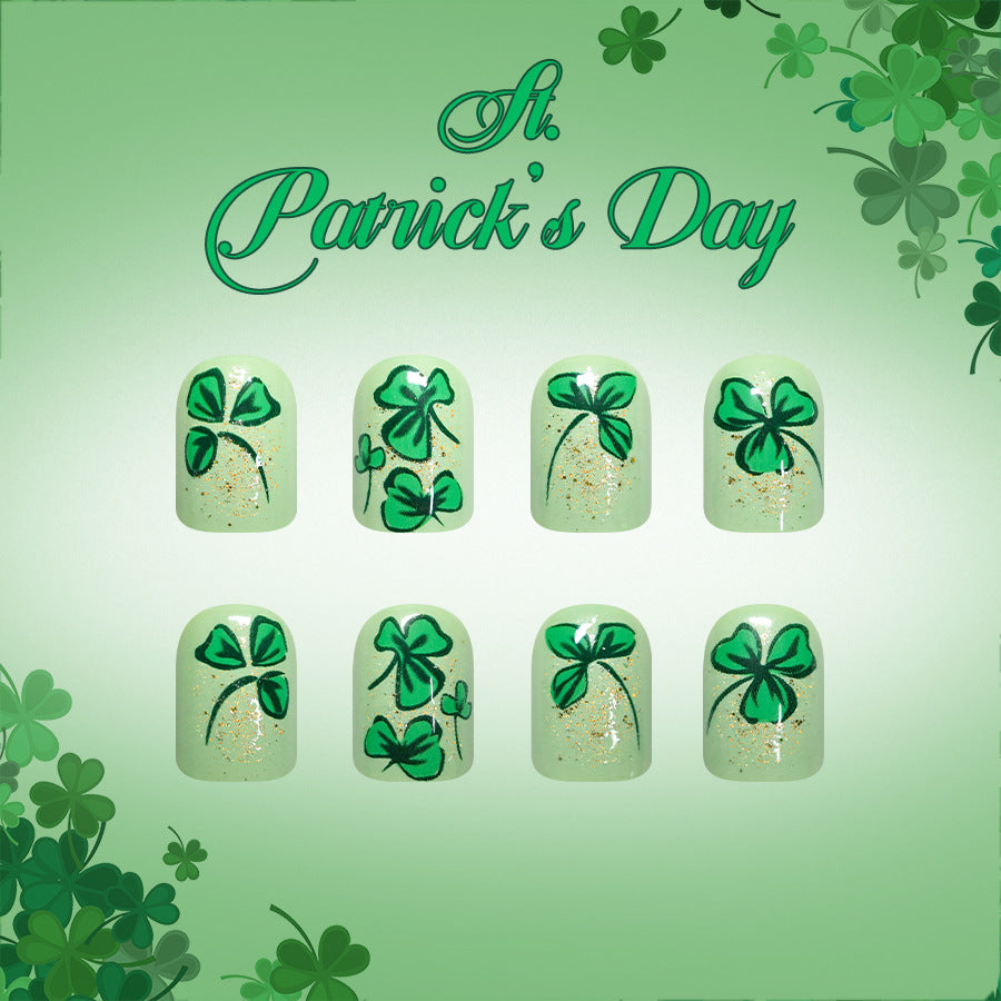 24pcs/Set Light Green Four-Leaf Clover Glitter Short Press On Nails