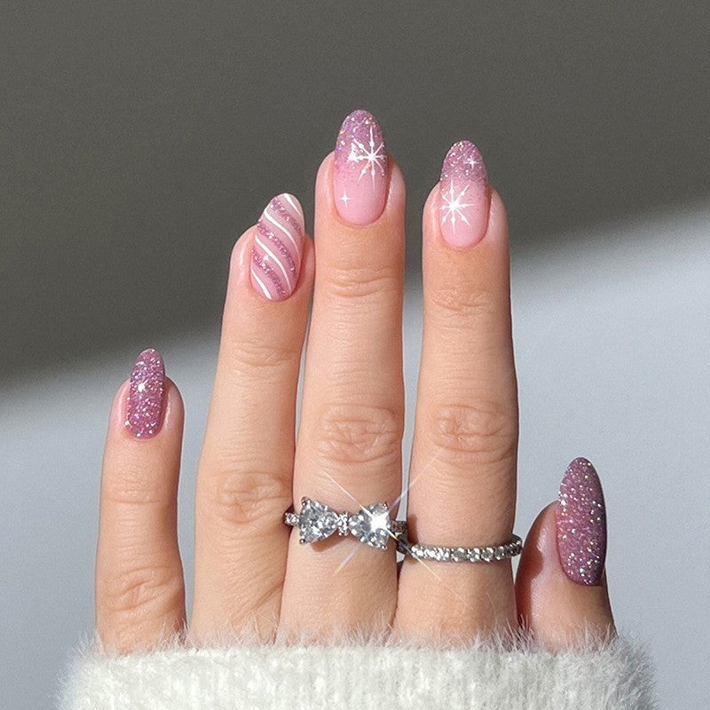 24pcs/Set Pink & Silver Christmas Stripes Press-On Nails
