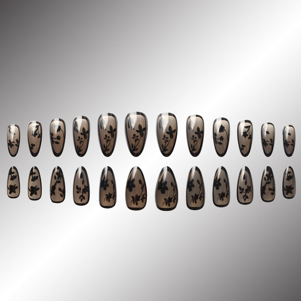 24pcs/Set Black Floral Press-On Nails