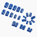 24pcs/Set Deep Sea Blue & White Flowers Press-On Nails