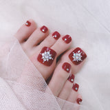 24pcs/Set Burgundy Multi-Rhinestone Press On Toe Nails