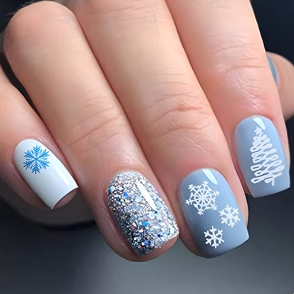 24pcs/Set Blue Snow Flake Christmas Press-On Nails