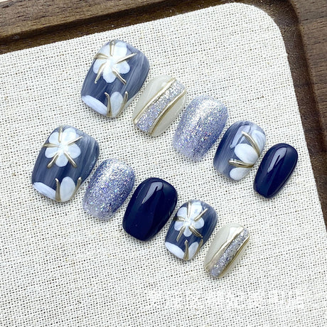 (Handmade) 10pcs/Set Mirror Pink 3D Flower Press-On Nails