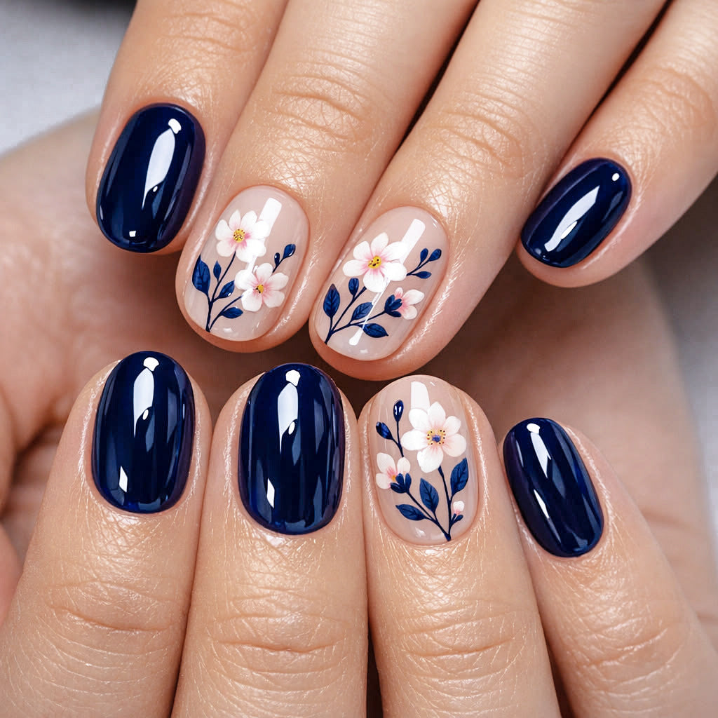 24pcs/Set Dark Blue Daisy Press-On Nails