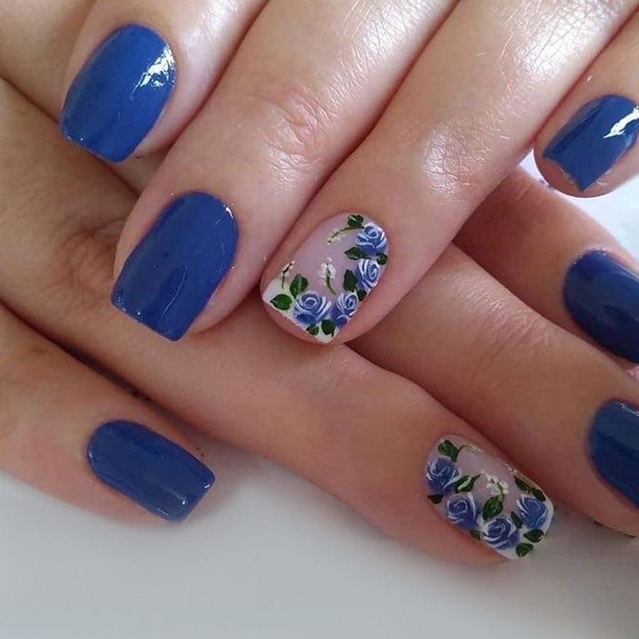 24pcs/Set Klein Blue Roses Press-On Nails