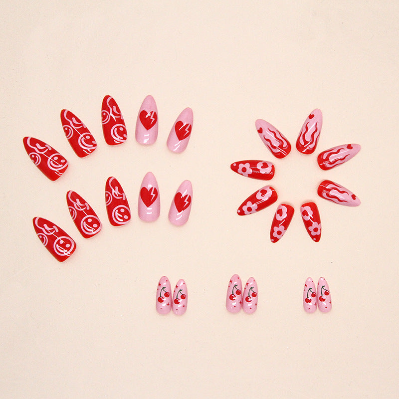 24pcs/Set Flowers Heart Cherry Press-On Nails