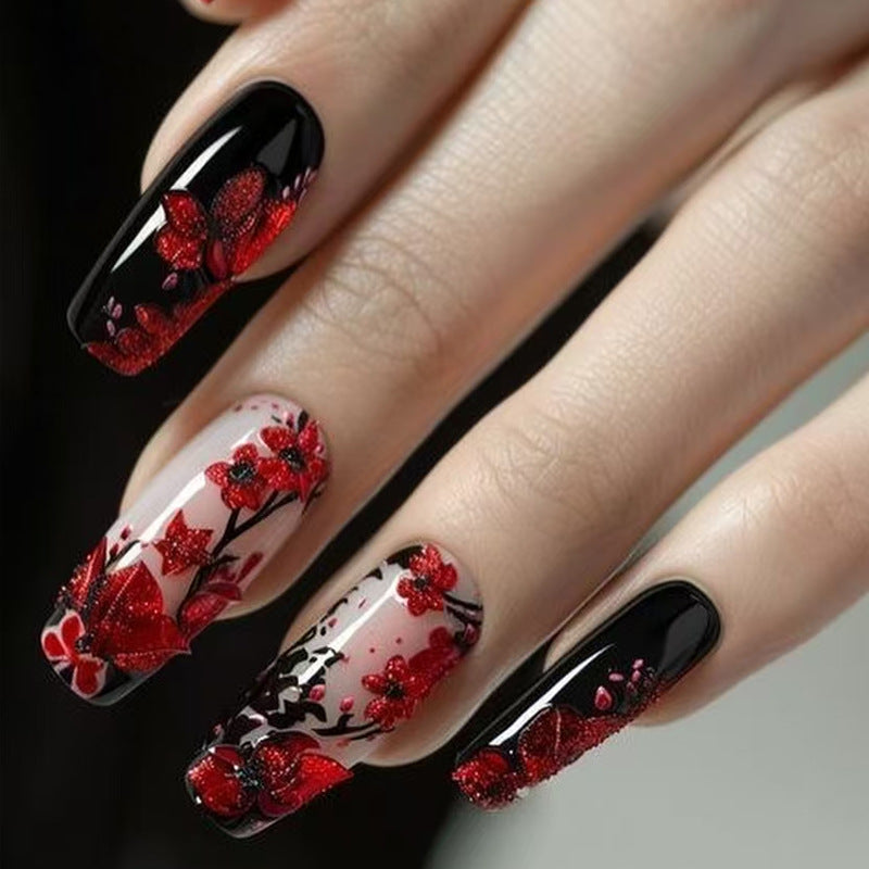 24pcs/Set Black and Red Large Flower Press-On Nails