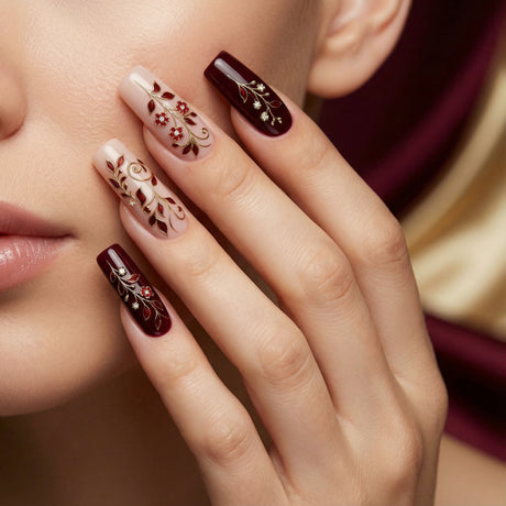 24pcs/Set Burgundy 3D Gold Baroque Scroll Press-On Nails