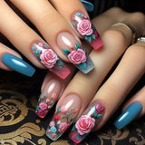 24pcs/Set Blue and Pink Roses Press-On Nails