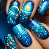 24pcs/Set Blue Galaxy Press-On Nails