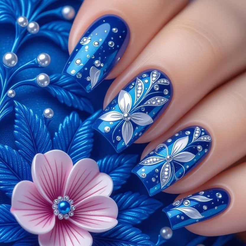 24pcs/Set Deep Sea Blue & White Flowers Press-On Nails