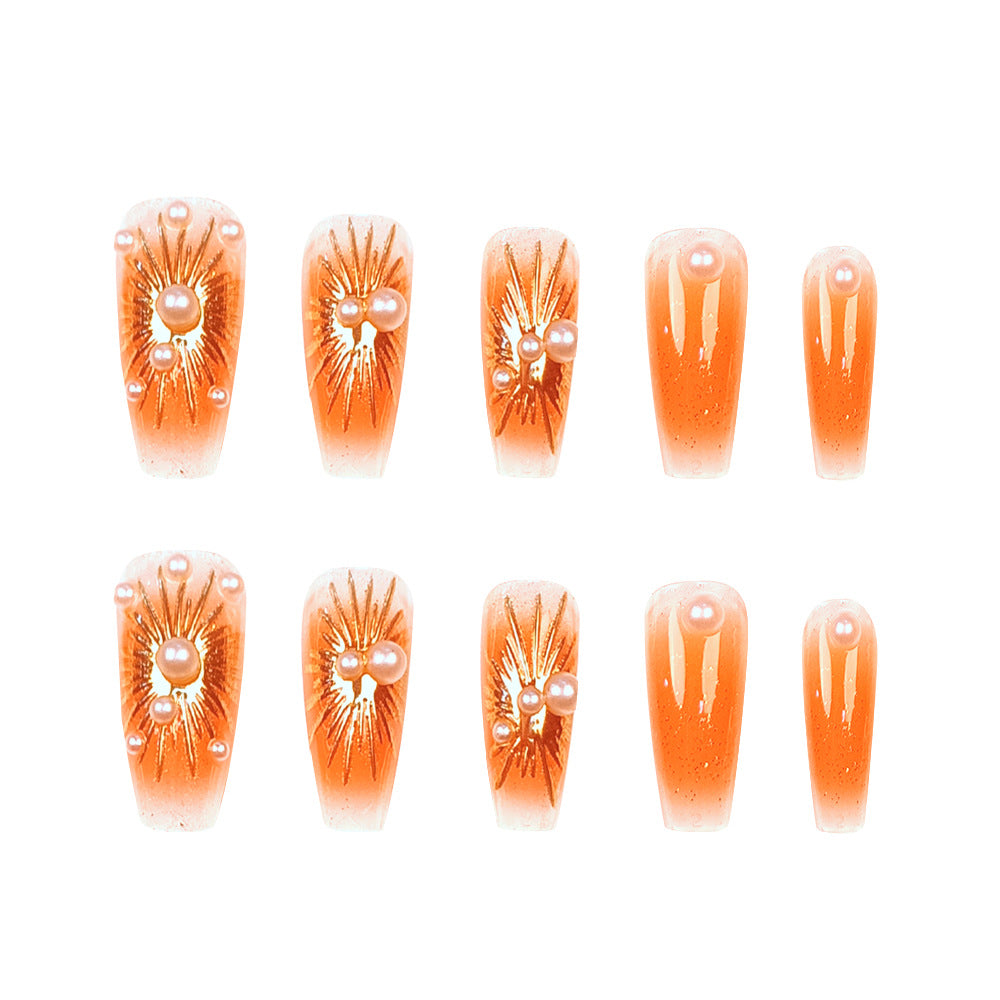 24pcs/Set 3D Gilded Pearl Orange-Gold Fireworks Press-On Nails