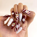 (Handmade) 10pcs/Set Red & White Stripe 3D Snowman Snowflake Christmas Press-On Nails