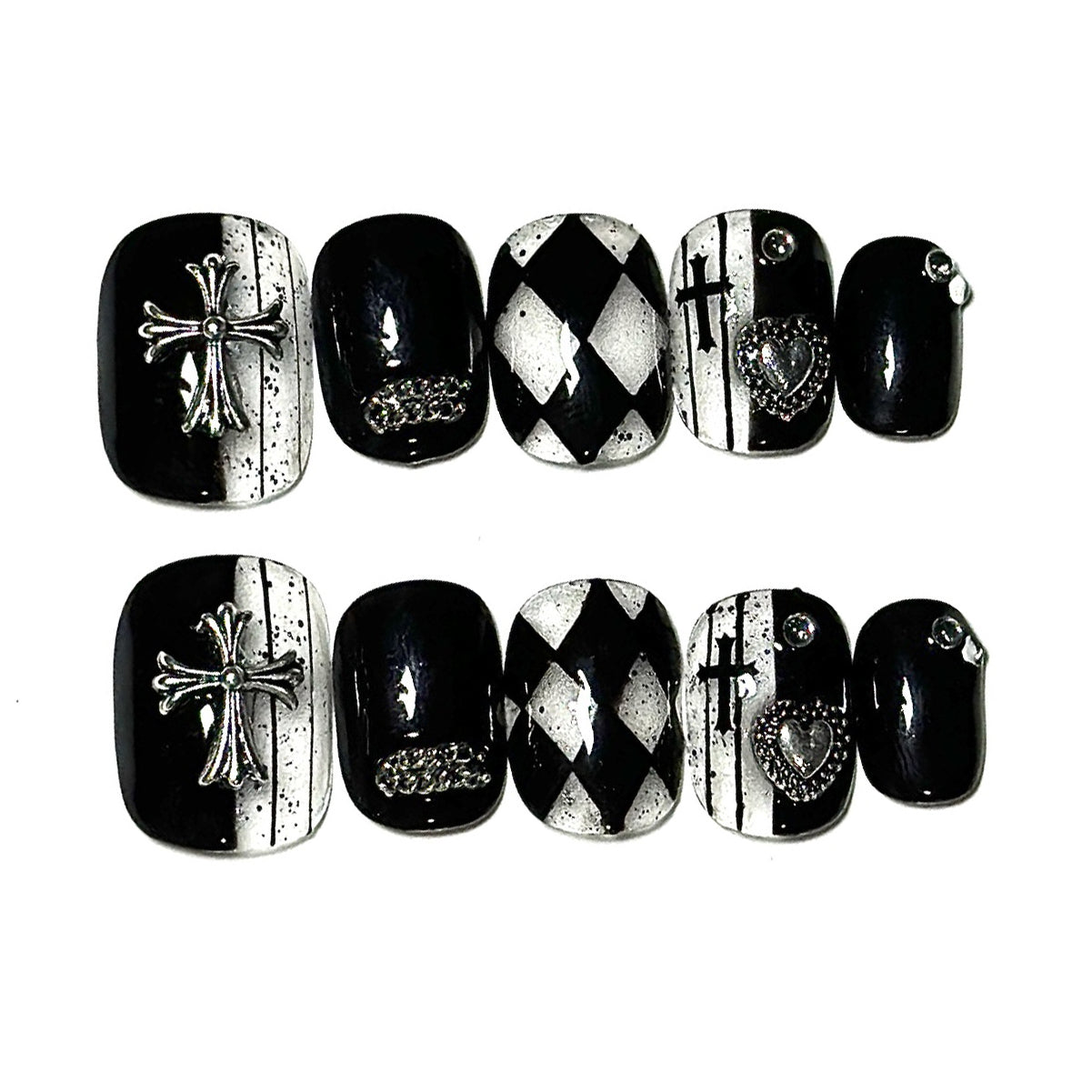 (Handmade) 10pcs/Set Black Grid Press-On Nails