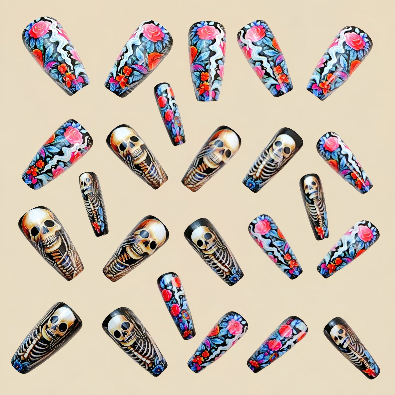 24pcs/Set Floral Botanical Skull Press-On Nails