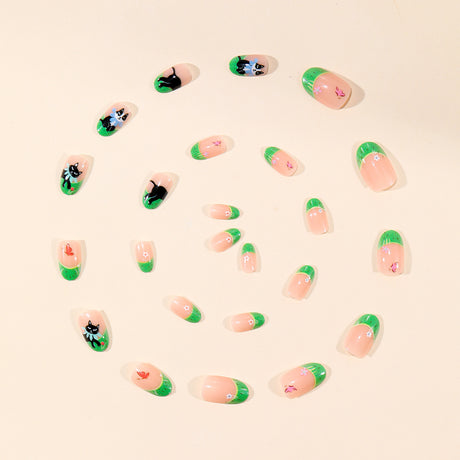24pcs/Set Green French Cat & Butterfly Press-On Nails