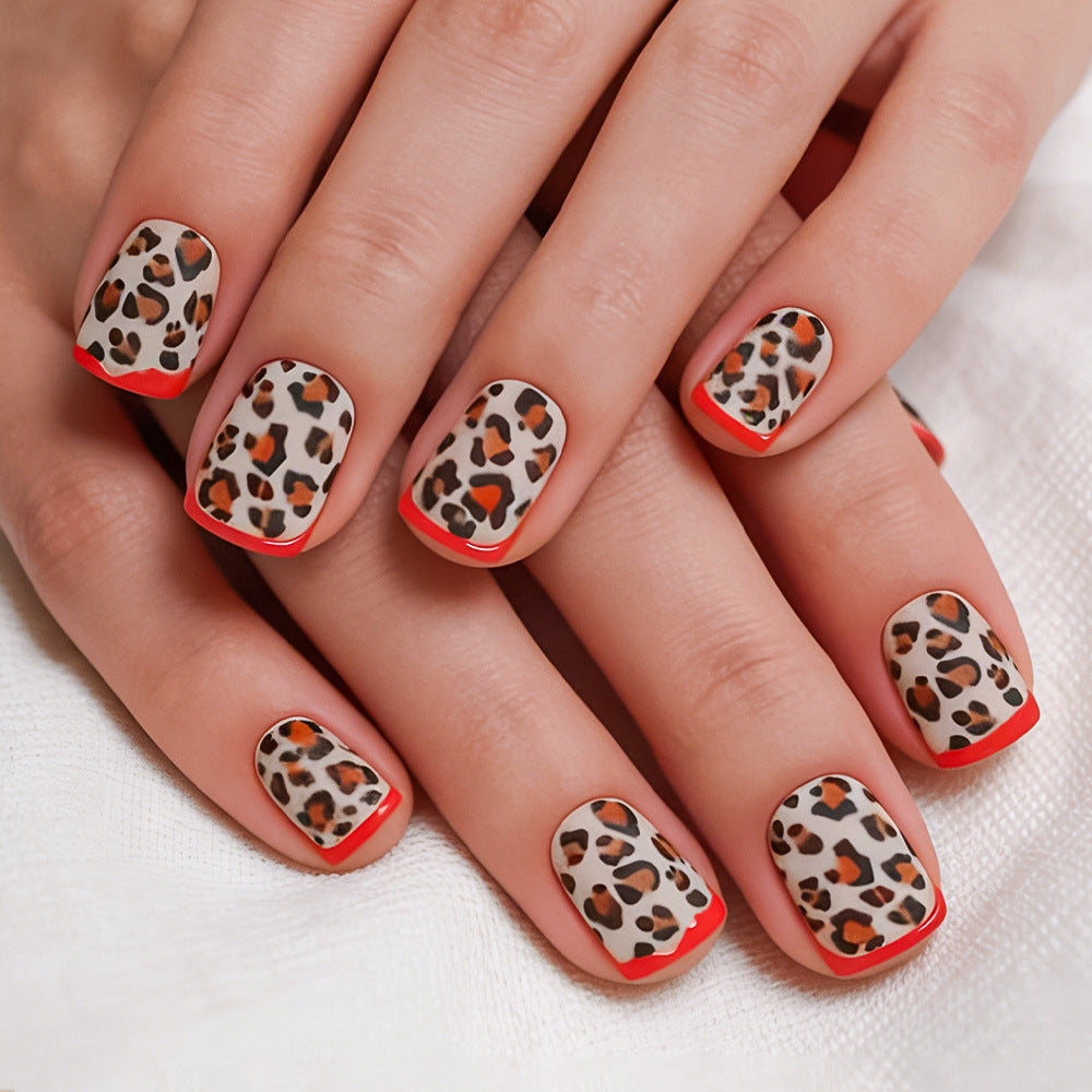 24pcs/Set Pink Leopard French Tip with Red Edge Press-On Nails