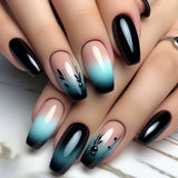 24pcs/Set Black Gradient with Green Floral Press-On Nails