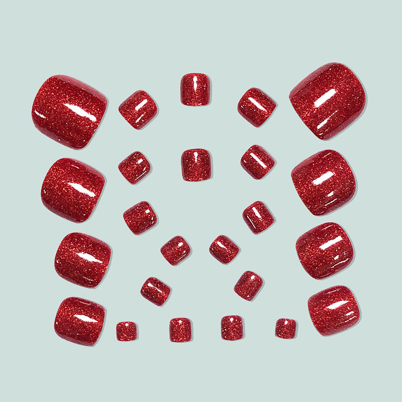 24pcs/Set Red Glitter Press On Toe Nails