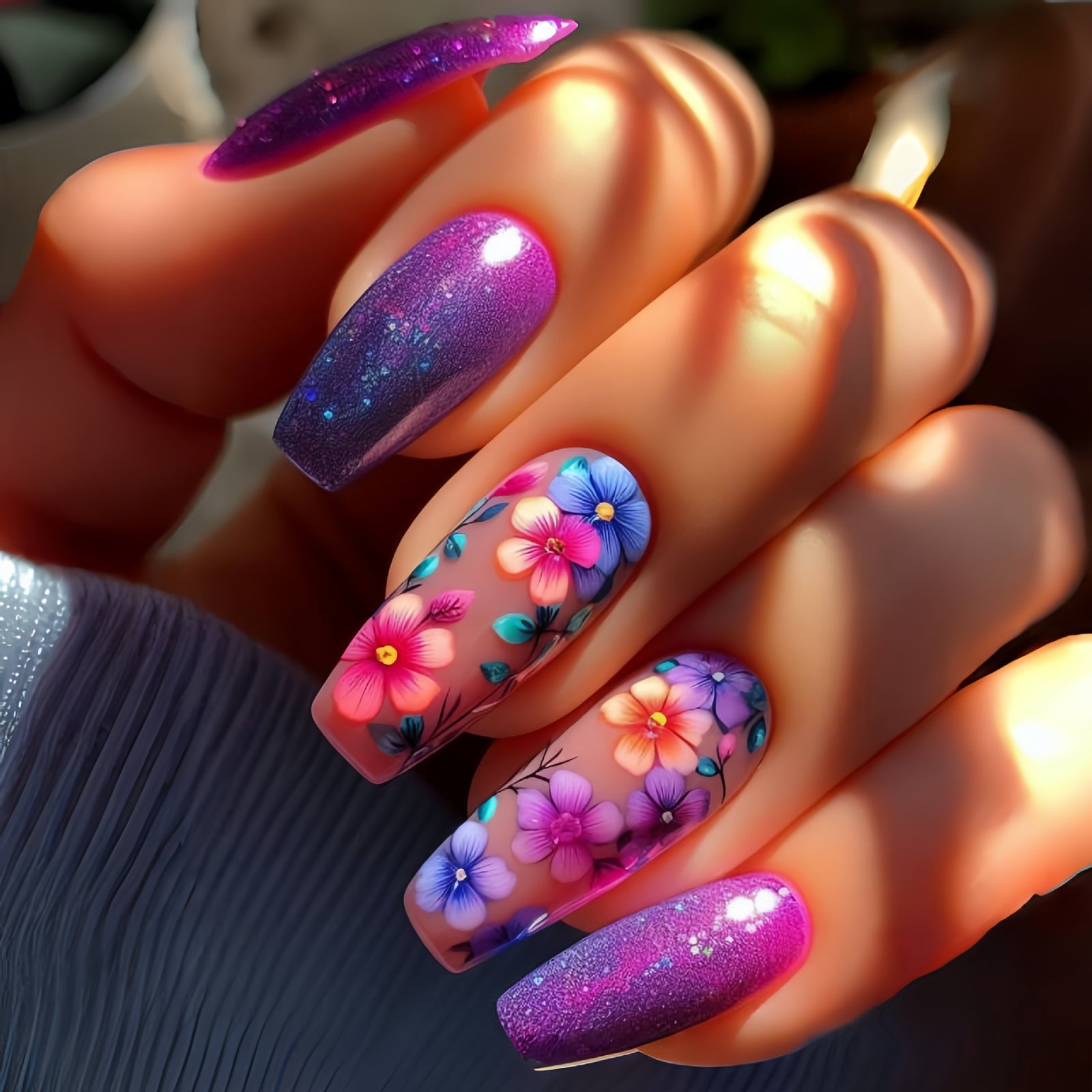 24pcs/Set Purple Flowers Press-On Nails