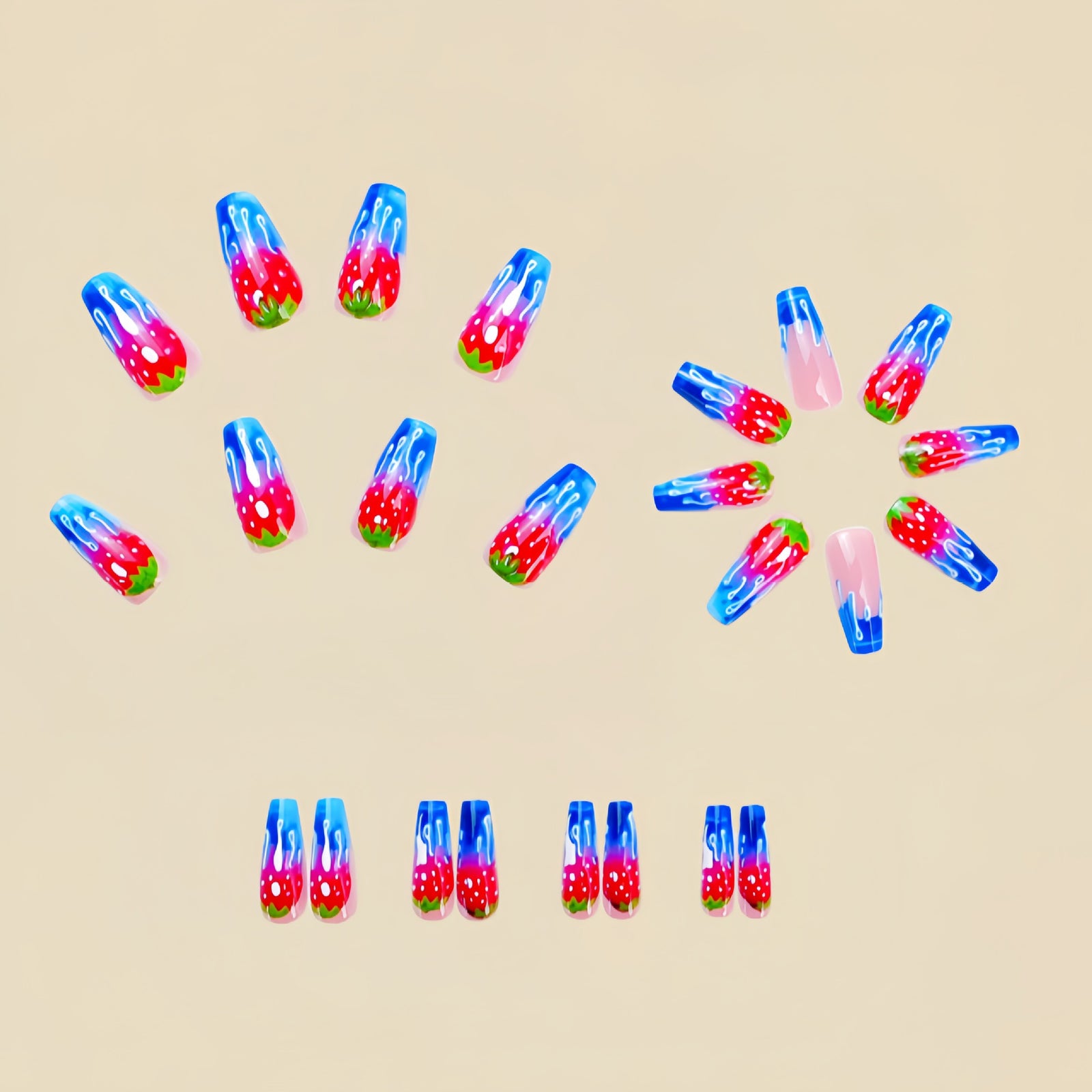 24pcs/Set Multicolor Aura Strawberry Press-On Nails