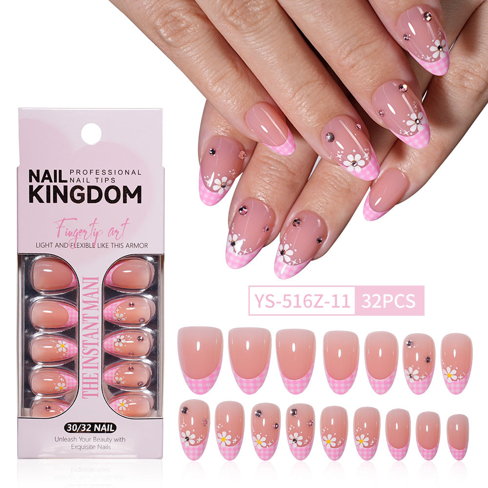 32pcs/Set Decal & Rhinestone French Short Almond Press-On Nails