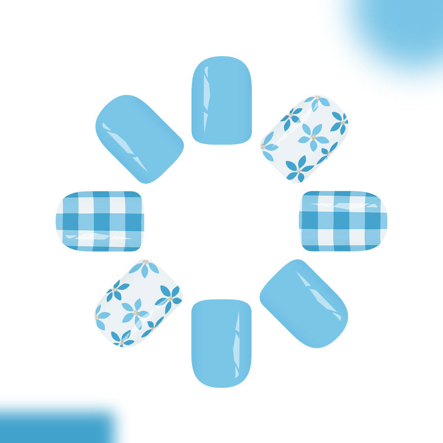 24pcs/Set Blue Floral Plaid Press-On Nails