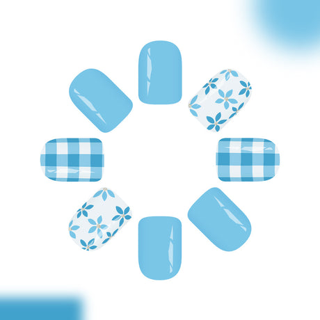 24pcs/Set Blue Floral Plaid Press-On Nails