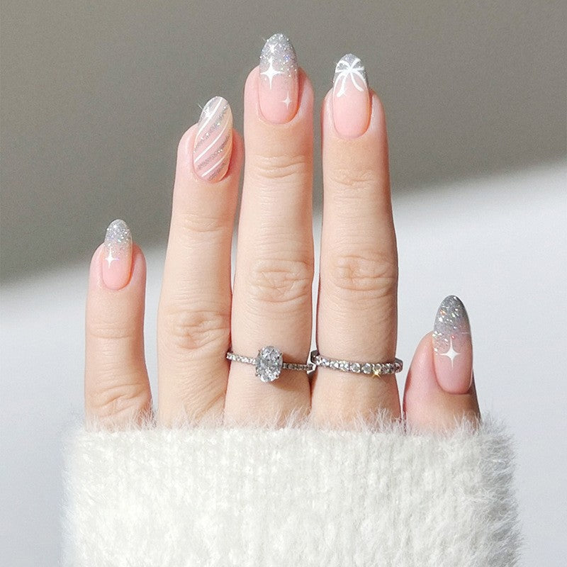 24pcs/Set Pink & Silver Christmas Stripes Press-On Nails