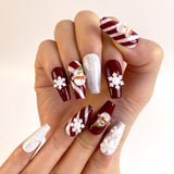 (Handmade) 10pcs/Set Red & White Stripe 3D Snowman Snowflake Christmas Press-On Nails