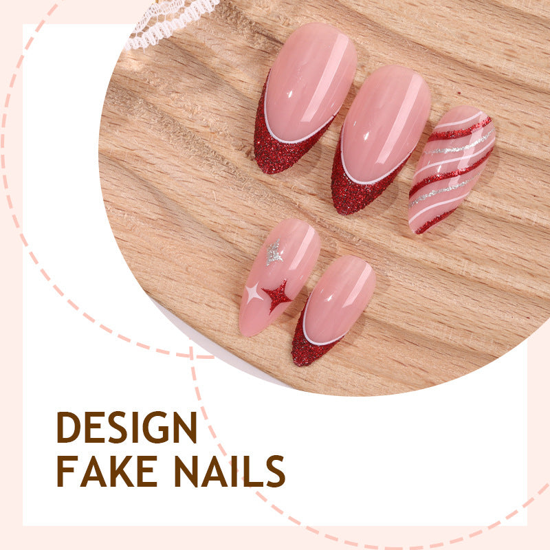 24pcs/Set Pink & Silver Christmas Stripes Press-On Nails