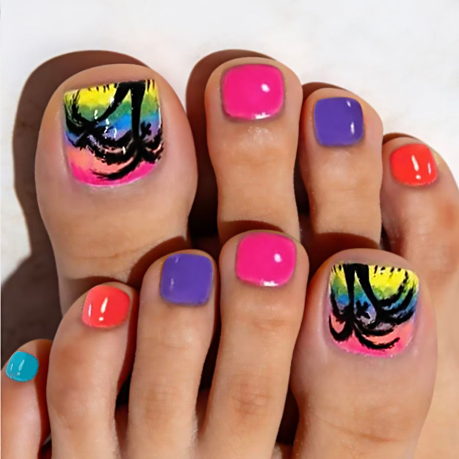 24pcs/Set Color-Block Sunset Palm Trees Press On Toe Nails