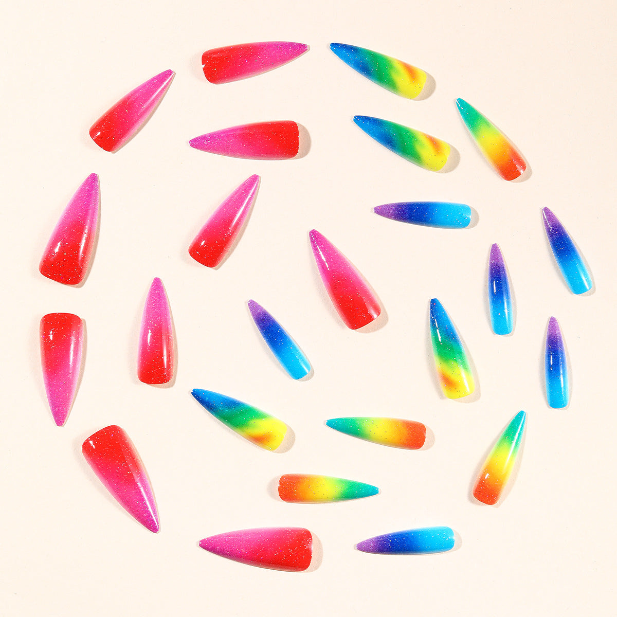 24pcs/Set Rainbow Glitter Long Stiletto Press-On Nails