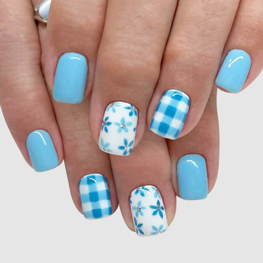 24pcs/Set Blue Floral Plaid Press-On Nails