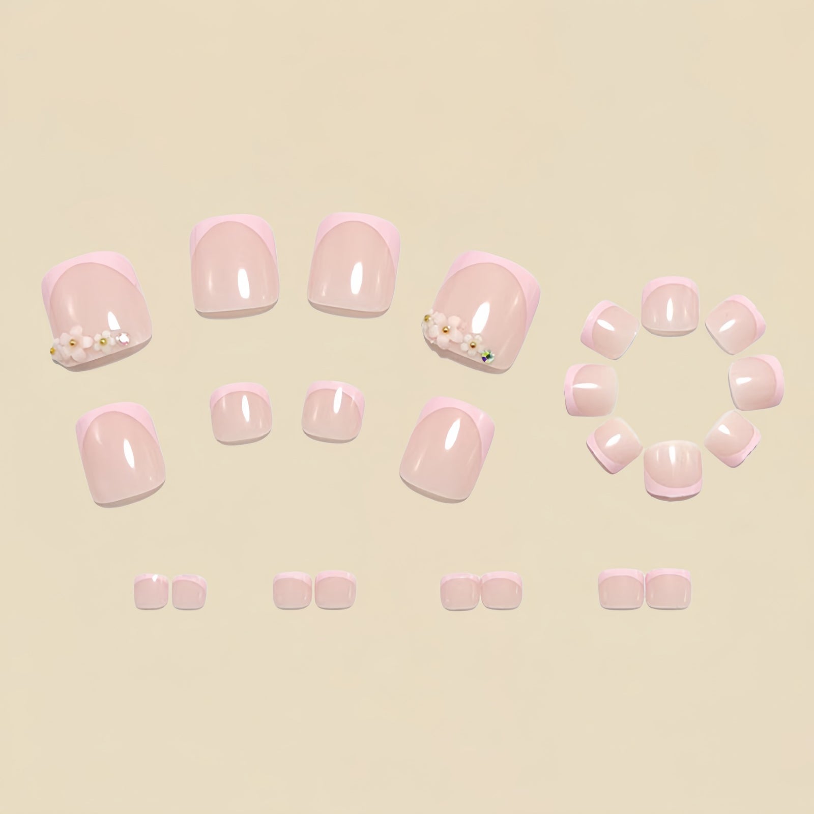 24pcs/Set 3D Embossed Floral French Press On Toe Nails